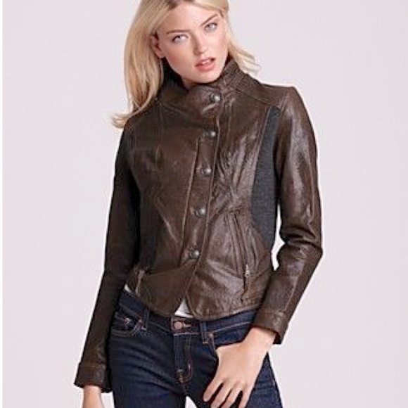 VIA SPIGA BROWN LEATHER GRAY WOOL KNIT ASYMMETRICAL ZIP MOTO JACKET - Picture 1 of 16